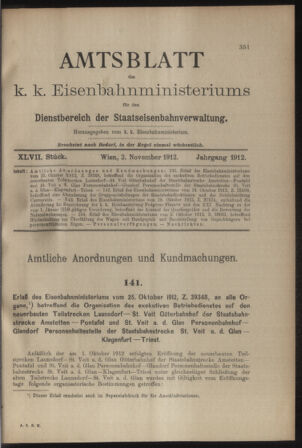 Verordnungs- und Anzeige-Blatt der k.k. General-Direction der österr. Staatsbahnen 19121102 Seite: 1