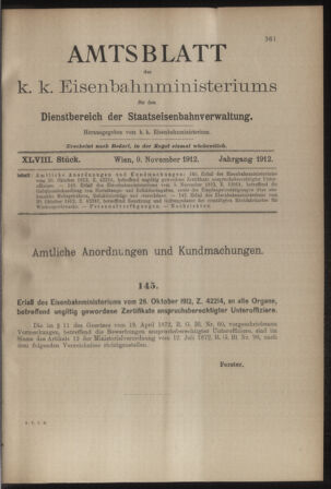 Verordnungs- und Anzeige-Blatt der k.k. General-Direction der österr. Staatsbahnen 19121109 Seite: 1