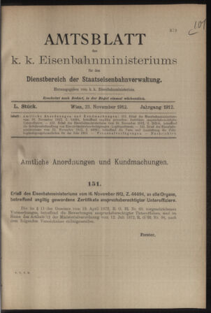 Verordnungs- und Anzeige-Blatt der k.k. General-Direction der österr. Staatsbahnen 19121123 Seite: 1