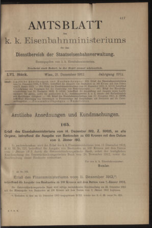 Verordnungs- und Anzeige-Blatt der k.k. General-Direction der österr. Staatsbahnen 19121221 Seite: 1