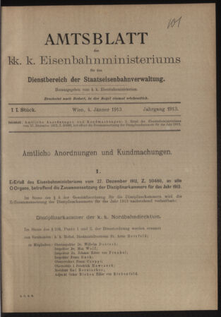 Verordnungs- und Anzeige-Blatt der k.k. General-Direction der österr. Staatsbahnen 19130104 Seite: 1