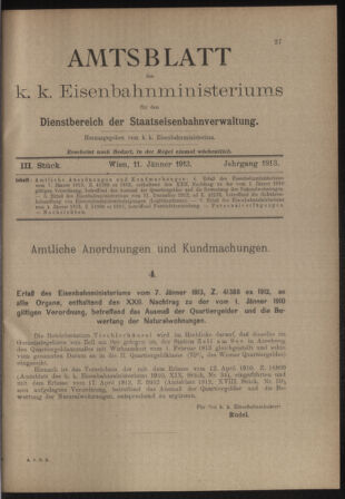 Verordnungs- und Anzeige-Blatt der k.k. General-Direction der österr. Staatsbahnen 19130111 Seite: 1