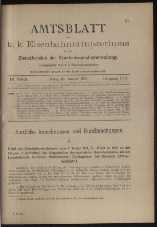 Verordnungs- und Anzeige-Blatt der k.k. General-Direction der österr. Staatsbahnen 19130118 Seite: 1