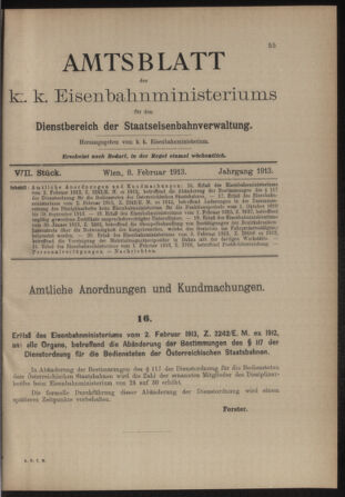 Verordnungs- und Anzeige-Blatt der k.k. General-Direction der österr. Staatsbahnen 19130208 Seite: 1