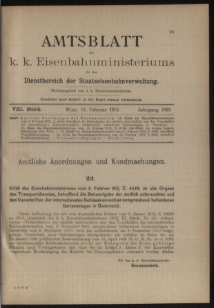 Verordnungs- und Anzeige-Blatt der k.k. General-Direction der österr. Staatsbahnen 19130215 Seite: 1