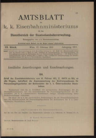 Verordnungs- und Anzeige-Blatt der k.k. General-Direction der österr. Staatsbahnen 19130217 Seite: 1