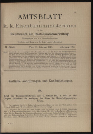 Verordnungs- und Anzeige-Blatt der k.k. General-Direction der österr. Staatsbahnen 19130222 Seite: 1