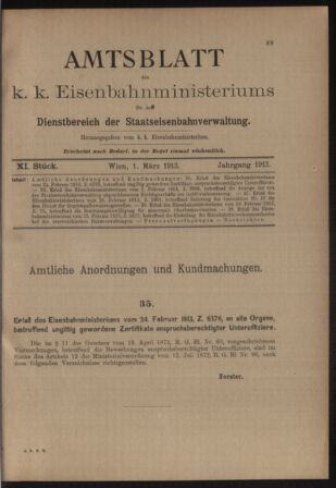 Verordnungs- und Anzeige-Blatt der k.k. General-Direction der österr. Staatsbahnen 19130301 Seite: 1