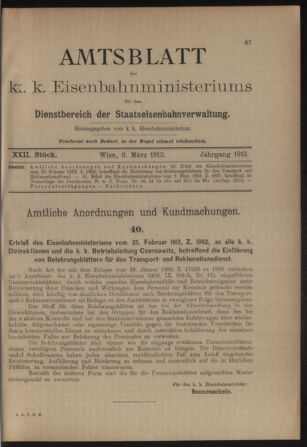 Verordnungs- und Anzeige-Blatt der k.k. General-Direction der österr. Staatsbahnen 19130308 Seite: 1