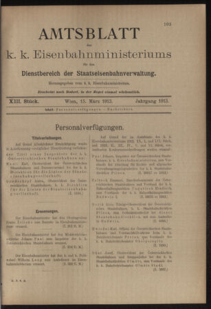 Verordnungs- und Anzeige-Blatt der k.k. General-Direction der österr. Staatsbahnen 19130315 Seite: 1