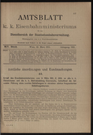 Verordnungs- und Anzeige-Blatt der k.k. General-Direction der österr. Staatsbahnen 19130322 Seite: 1