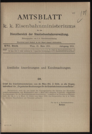 Verordnungs- und Anzeige-Blatt der k.k. General-Direction der österr. Staatsbahnen 19130331 Seite: 1