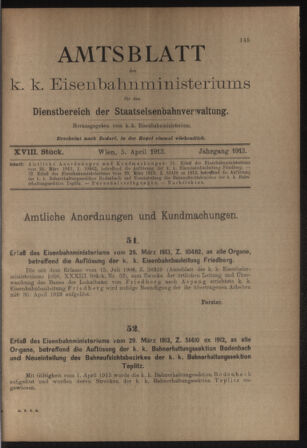 Verordnungs- und Anzeige-Blatt der k.k. General-Direction der österr. Staatsbahnen 19130405 Seite: 1