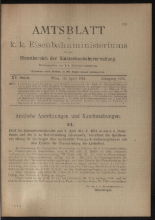 Verordnungs- und Anzeige-Blatt der k.k. General-Direction der österr. Staatsbahnen 19130412 Seite: 1