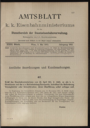 Verordnungs- und Anzeige-Blatt der k.k. General-Direction der österr. Staatsbahnen 19130503 Seite: 1