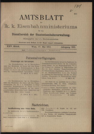 Verordnungs- und Anzeige-Blatt der k.k. General-Direction der österr. Staatsbahnen 19130517 Seite: 1