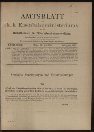 Verordnungs- und Anzeige-Blatt der k.k. General-Direction der österr. Staatsbahnen 19130531 Seite: 1