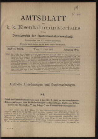 Verordnungs- und Anzeige-Blatt der k.k. General-Direction der österr. Staatsbahnen 19130607 Seite: 1