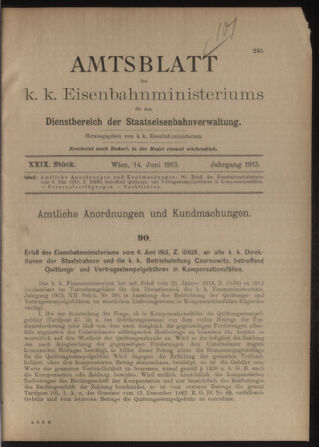 Verordnungs- und Anzeige-Blatt der k.k. General-Direction der österr. Staatsbahnen 19130614 Seite: 1