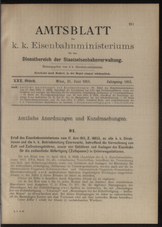 Verordnungs- und Anzeige-Blatt der k.k. General-Direction der österr. Staatsbahnen 19130621 Seite: 1