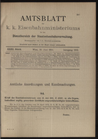 Verordnungs- und Anzeige-Blatt der k.k. General-Direction der österr. Staatsbahnen 19130628 Seite: 1