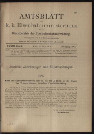 Verordnungs- und Anzeige-Blatt der k.k. General-Direction der österr. Staatsbahnen 19130705 Seite: 1