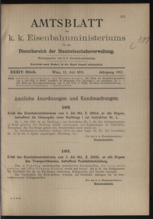 Verordnungs- und Anzeige-Blatt der k.k. General-Direction der österr. Staatsbahnen 19130712 Seite: 1