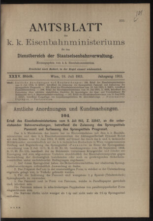 Verordnungs- und Anzeige-Blatt der k.k. General-Direction der österr. Staatsbahnen 19130719 Seite: 1