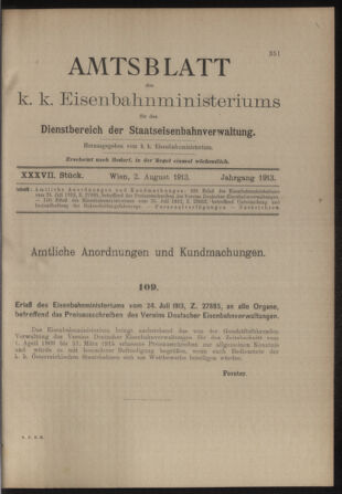 Verordnungs- und Anzeige-Blatt der k.k. General-Direction der österr. Staatsbahnen 19130802 Seite: 1