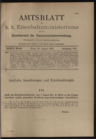 Verordnungs- und Anzeige-Blatt der k.k. General-Direction der österr. Staatsbahnen 19130816 Seite: 1