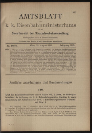 Verordnungs- und Anzeige-Blatt der k.k. General-Direction der österr. Staatsbahnen 19130823 Seite: 1