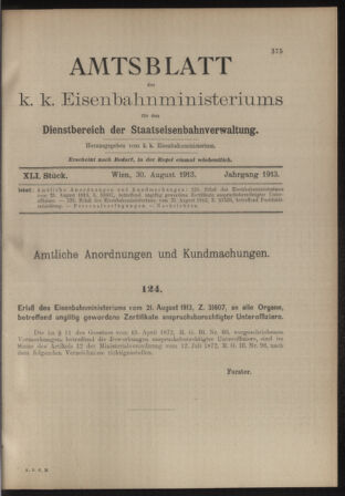 Verordnungs- und Anzeige-Blatt der k.k. General-Direction der österr. Staatsbahnen 19130830 Seite: 1