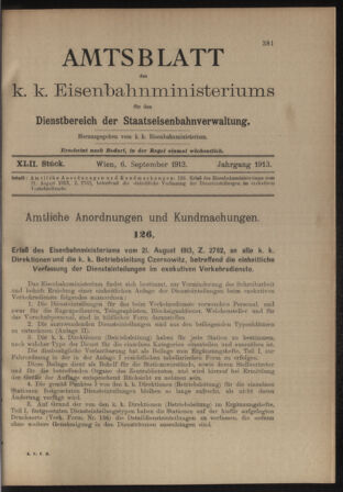 Verordnungs- und Anzeige-Blatt der k.k. General-Direction der österr. Staatsbahnen 19130906 Seite: 1