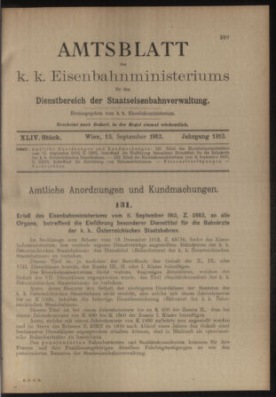 Verordnungs- und Anzeige-Blatt der k.k. General-Direction der österr. Staatsbahnen 19130913 Seite: 1