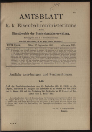 Verordnungs- und Anzeige-Blatt der k.k. General-Direction der österr. Staatsbahnen 19130927 Seite: 1