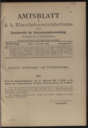 Verordnungs- und Anzeige-Blatt der k.k. General-Direction der österr. Staatsbahnen 19131004 Seite: 1