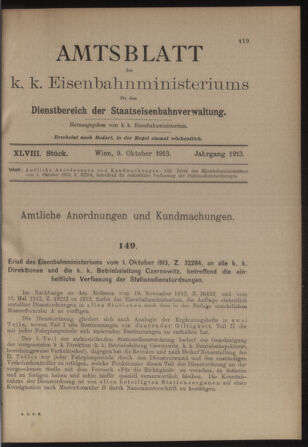 Verordnungs- und Anzeige-Blatt der k.k. General-Direction der österr. Staatsbahnen 19131009 Seite: 1