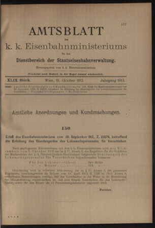 Verordnungs- und Anzeige-Blatt der k.k. General-Direction der österr. Staatsbahnen 19131011 Seite: 1