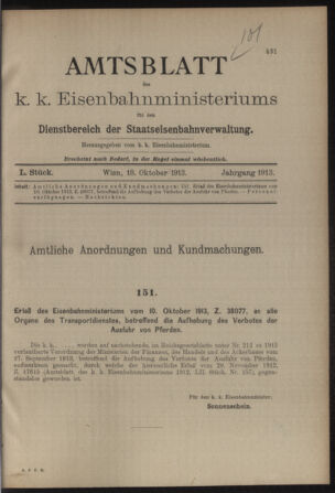 Verordnungs- und Anzeige-Blatt der k.k. General-Direction der österr. Staatsbahnen 19131018 Seite: 1