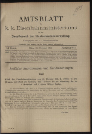 Verordnungs- und Anzeige-Blatt der k.k. General-Direction der österr. Staatsbahnen 19131025 Seite: 1