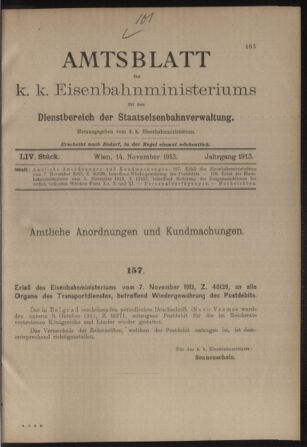 Verordnungs- und Anzeige-Blatt der k.k. General-Direction der österr. Staatsbahnen 19131114 Seite: 1