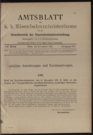 Verordnungs- und Anzeige-Blatt der k.k. General-Direction der österr. Staatsbahnen 19131122 Seite: 1