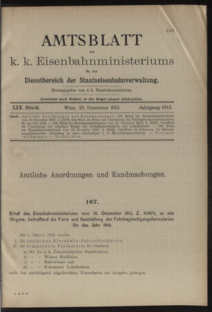 Verordnungs- und Anzeige-Blatt der k.k. General-Direction der österr. Staatsbahnen 19131220 Seite: 1