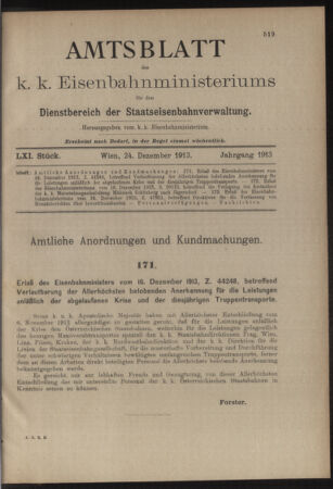 Verordnungs- und Anzeige-Blatt der k.k. General-Direction der österr. Staatsbahnen 19131224 Seite: 1