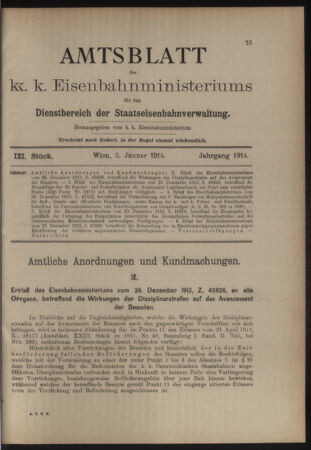 Verordnungs- und Anzeige-Blatt der k.k. General-Direction der österr. Staatsbahnen 19140103 Seite: 1