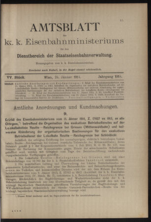 Verordnungs- und Anzeige-Blatt der k.k. General-Direction der österr. Staatsbahnen 19140124 Seite: 1