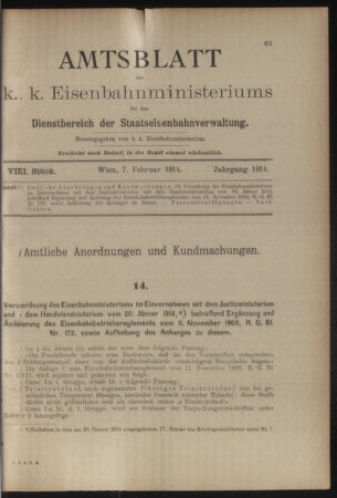 Verordnungs- und Anzeige-Blatt der k.k. General-Direction der österr. Staatsbahnen 19140207 Seite: 1