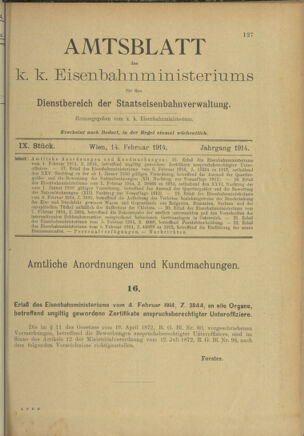 Verordnungs- und Anzeige-Blatt der k.k. General-Direction der österr. Staatsbahnen 19140214 Seite: 1