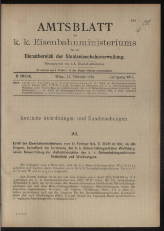 Verordnungs- und Anzeige-Blatt der k.k. General-Direction der österr. Staatsbahnen 19140221 Seite: 1