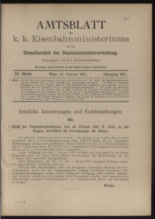 Verordnungs- und Anzeige-Blatt der k.k. General-Direction der österr. Staatsbahnen 19140226 Seite: 1